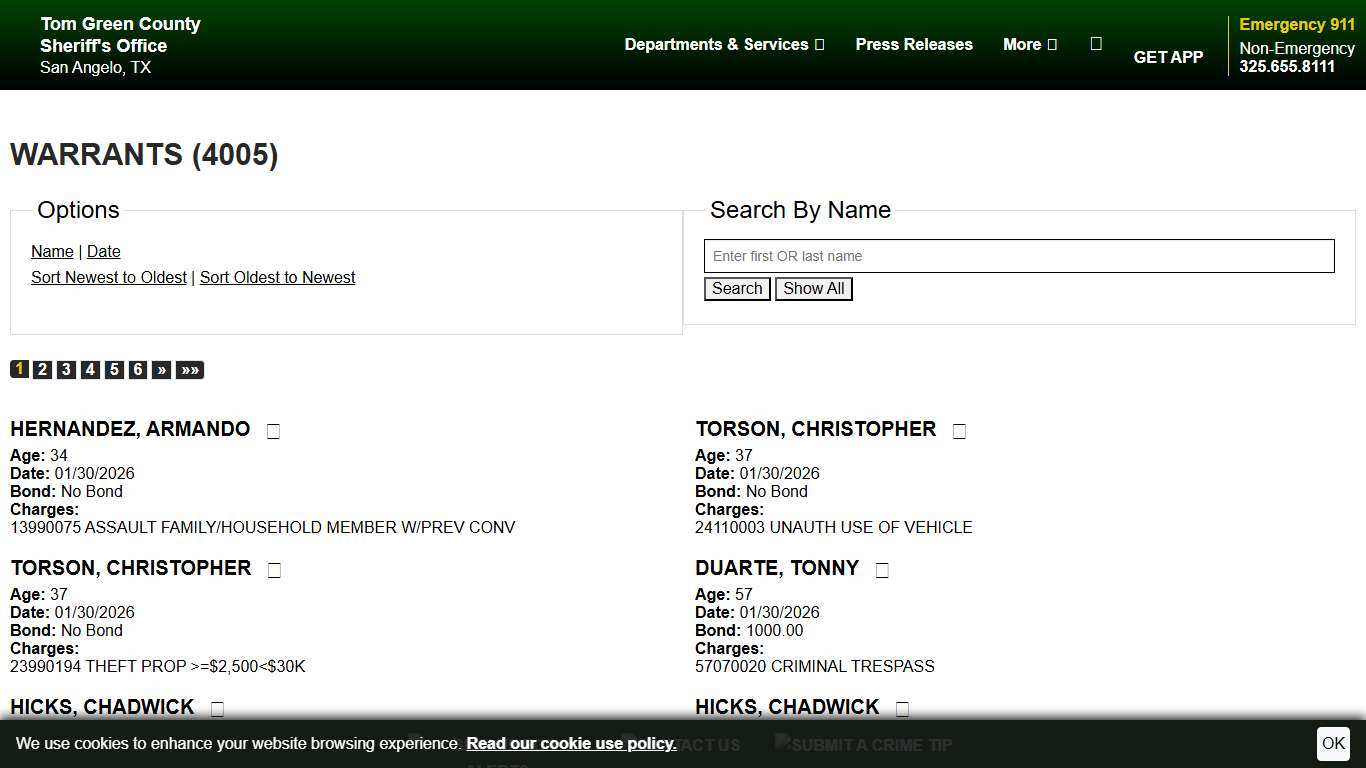 Warrants Tom Green County TX Sheriff's Office Sort Warrant Date - Descending Page 1